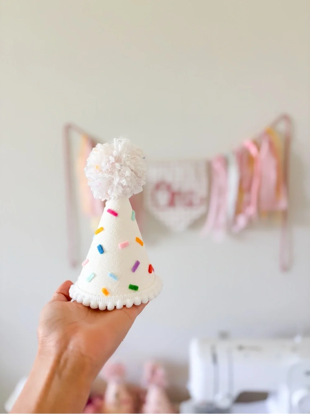 Handmade White Pom Party Hat with Multicolor Sprinkles Price is Firm
